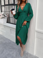 Vestido largo elegante de color sólido con cuello en V para otoño e invierno - details 22
