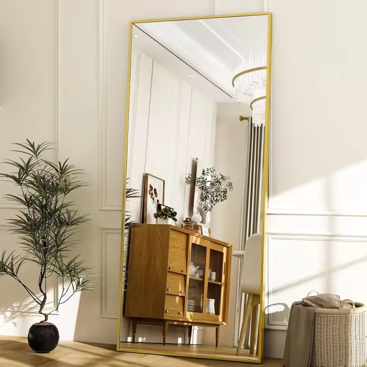 pie grande de 140 x 40 cm, espejo de cuerpo entero con marco de aluminio, para dormitorio, salón y cuarto de baño, dorado - 1