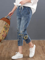 Pantalones de mezclilla grande con estampado floral para mujer moda verano 2023 pantalones casuales bordados elásticos vintage de talla grande lavado a mano material exterior denim - details 6