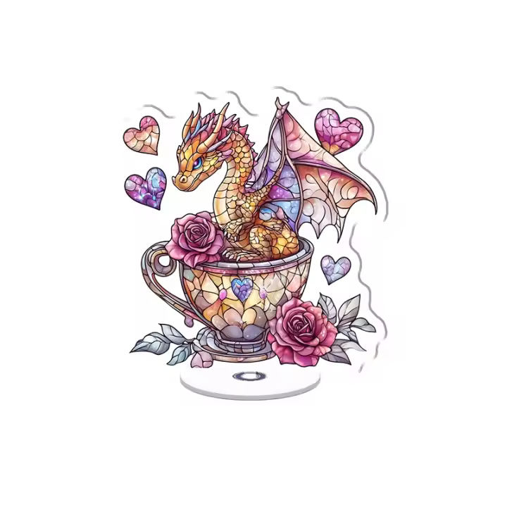 Adorno acrílico giratorio con un lindo dragón en una taza rodeado de rosas y corazones en un intrincado estilo vidriera con detalles brillantes. - 1