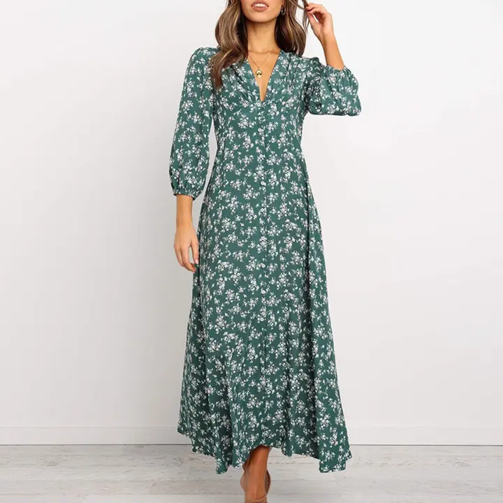 VisTido floral para mujer, top informal de manga larga, botón con cuello en V, playa, vacaciones, otoño - 1