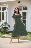 Vestido de manga corta fruncido con cuello cuadrado y espalda descubierta a la moda para mujer - details 9