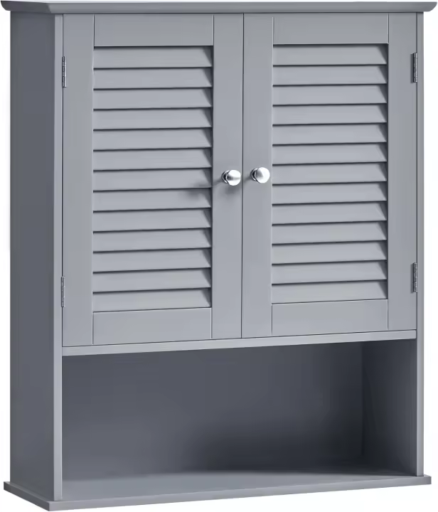 Armario de Pared para Baño, Armario Colgante, Armario de Almacenamiento con Estante Ajustable, Puertas de Doble Persiana y Estante Abierto, 20 x 60 x 70 cm, Blanco BBC27WT - 1