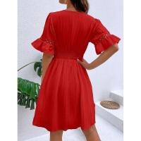 Vestido de verano para mujer, nuevo estilo, con costuras, escote en V y cintura de color liso. - details 14