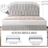 Marco de cama con cabecera tapizada, altura ajustable, soporte de láminas de madera y patas metálicas, color gris oscuro. - details 14