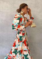 Vestidos estampados de Color para mujer primavera otoño nuevo cuello en V manga larga volantes vestido con abertura moda señora Vestidos de viaje - details 3