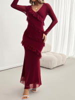 Vestido de malla con cuello en V, elegante y entallado, de manga larga para mujer, otoño invierno - details 11