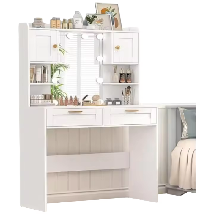Tocador de Maquillaje con Espejo HD y 10 Bombillas, 3 Colores con Brillo Ajustable, Tocador con 2 Cajones y 2 Armarios, Compartimentos Abiertos, tocador de Dormitorio, Moderno, Blanco - 1