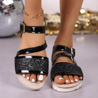 Sandalias de mujer de talla grande, nuevas de verano, con lentejuelas, de moda, de una sola tira, con suela gruesa, versátiles y cómodas. - details 12