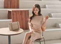 BGTEEVER-vestido Midi ajustado para mujer, prenda elegante de media manga con cuello redondo y cintura ajustada, para verano - details 12