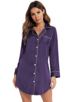 Blusa de noche para mujer Pijamas Ropa de dormir con botones Cuello en V Mangas largas Vestido de seda imitada Púrpura - details 2