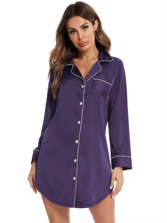 Blusa de noche para mujer Pijamas Ropa de dormir con botones Cuello en V Mangas largas Vestido de seda imitada Púrpura - 1