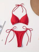 Conjunto De Bikini De Dos Piezas De Moda De Color Sólido, Con Cuello Halter, Triángulo Sin Espalda Y Lazos Laterales - details 18
