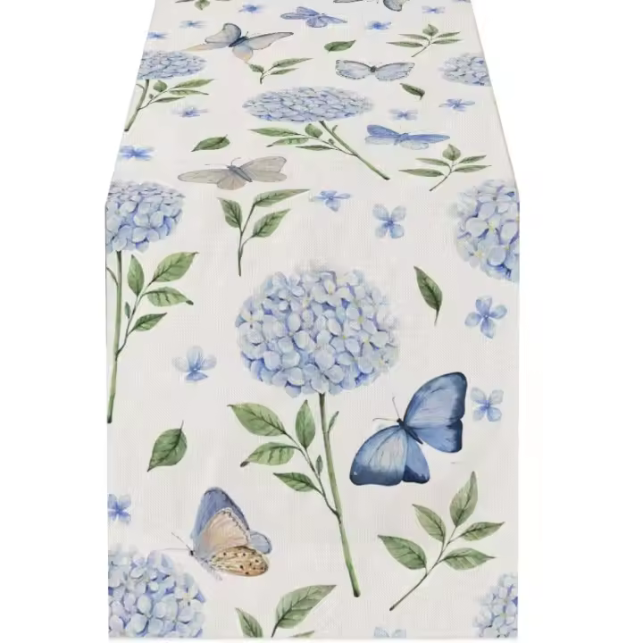 Camino de mesa de hortensia de lino, cubierta Rectangular con patrón de flores, antimanchas, 183CM - 1
