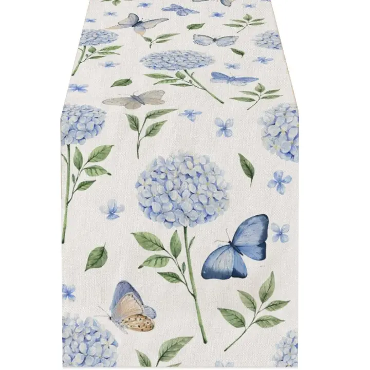 Camino de mesa de hortensia de lino, cubierta Rectangular con patrón de flores, antimanchas, 183CM - 1