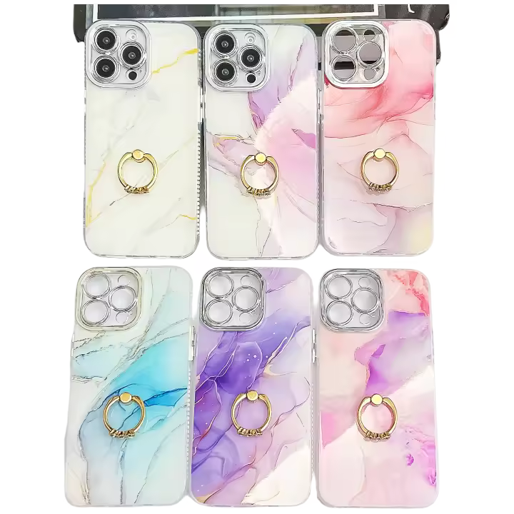 Funda con soporte de anillo para Apple iPhone 16 15 14 Pro Max, de mármol de alta calidad, IMD, PC, a prueba de golpes. - 1