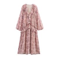 PB & ZA 2025, vestido holgado de manga larga con decoración en capas estampada con cuello en V, falda larga, novedad de verano, ropa para mujer - details 1