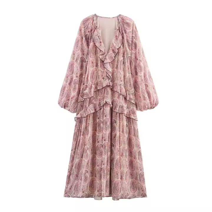 PB & ZA 2025, vestido holgado de manga larga con decoración en capas estampada con cuello en V, falda larga, novedad de verano, ropa para mujer - 1