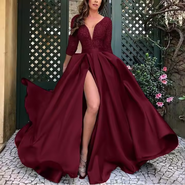 2025 Primavera/Verano mujer encaje lentejuelas gran exhibición Sexy falda larga cola banquete vestido de noche - 1