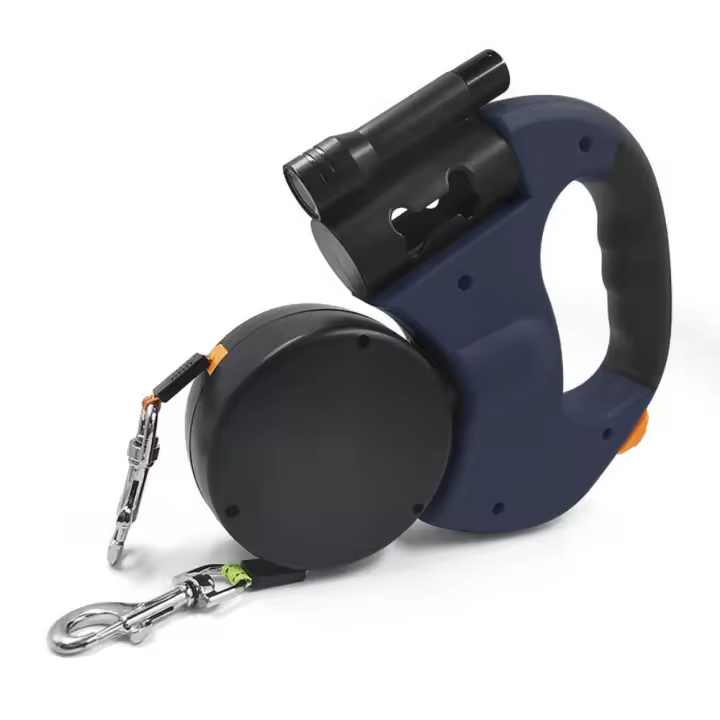 Con luces, correa doble para caminar para perros, cuerda de rotación retráctil doble de plástico ajustable, reflectante de nailon - 1