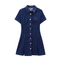 Mini Vestido Vaquero Plegado Ancho Ajuste Delgado Versátil para Mujer Color Sólido - details 1