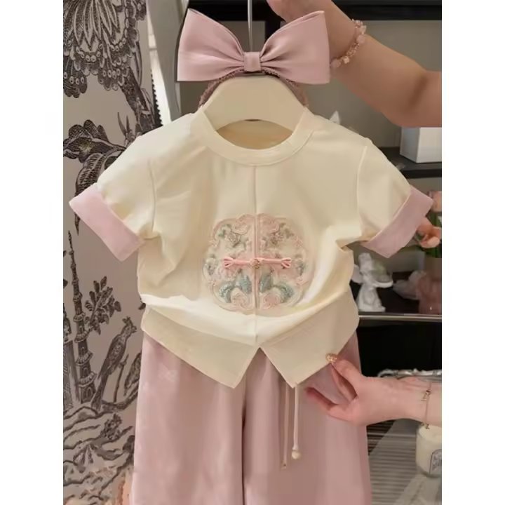 Estilo nacional 2025 novedad de verano conjunto chino de dos piezas de manga corta ropa para niñas Hanfu - 1