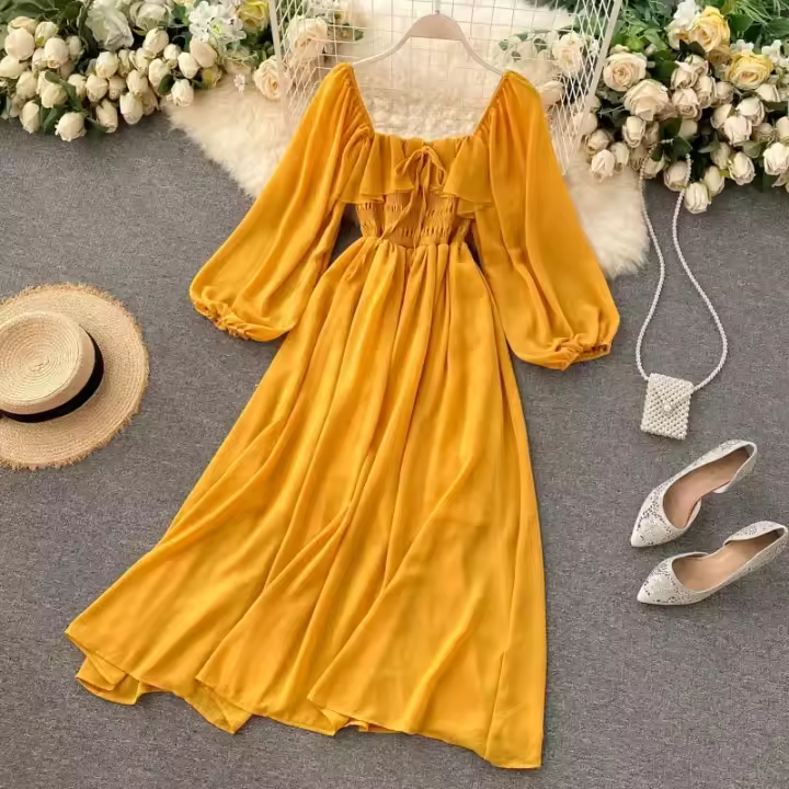 Nuevo modelo de vestido maxi elegante con cuello cuadrado para mujer, gasa lisa con mangas abullonadas, bata de fiesta en la playa, vestidos con volantes vintage - 1