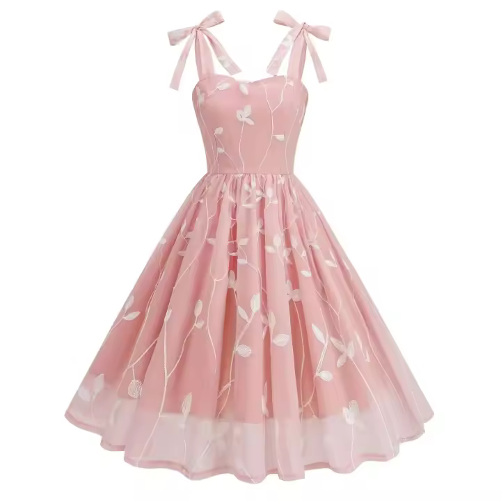Vestido de Hoja Vintage 2024 Estilo Retro de los 50 con Bordado, Dos Tirantes y Pleats - 1