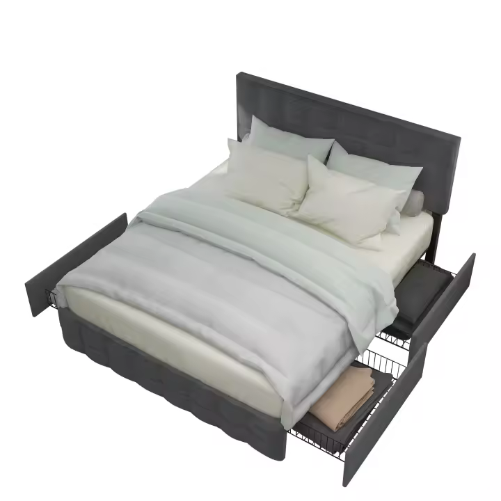 Cama doble con almacenamiento Diseño de costura cuadrado Soporte de láminas de metal - 1