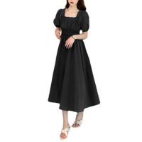 Vestido de verano para mujer, fruncido plisado, cuello cuadrado, manga corta, manga de burbuja, vestido de mujer de Color sólido, vestido Midi con dobladillo suelto - details 5