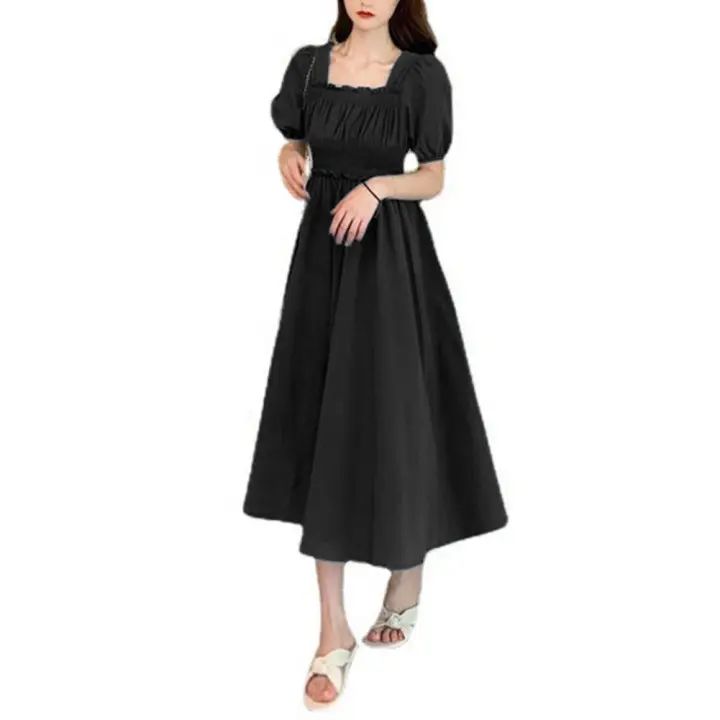 Vestido de verano para mujer, fruncido plisado, cuello cuadrado, manga corta, manga de burbuja, vestido de mujer de Color sólido, vestido Midi con dobladillo suelto - 1