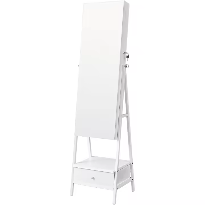 Joyas con Espejo LED, Joyero con Cerradura, Organizador con Cajón y Estante, Idea de Regalo, Blanco Nube JJC025W01, 41.5x37x157cm - 1
