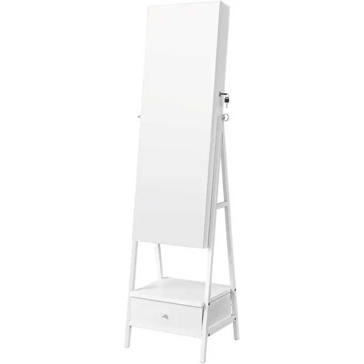Joyas con Espejo LED, Joyero con Cerradura, Organizador con Cajón y Estante, Idea de Regalo, Blanco Nube JJC025W01, 41.5x37x157cm - 1