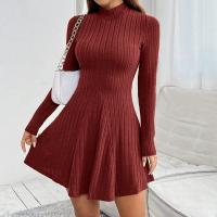 Vestidos de mujer otoño-invierno Color sólido, manga larga, cuello alto, cintura alta, doble abertura, estilo casual - details 9