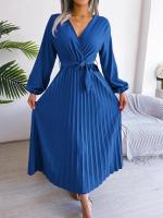 Vestido largo plisado con dobladillo grande para mujer, vestido cruzado de Color liso con cuello en V, moda de primavera y verano - details 18