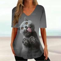 Camiseta Gráfica de Gato Kawaii Manga Corta, Estampado Haruku, Cuello en V, Ropa Suelta para Mujeres - details 18