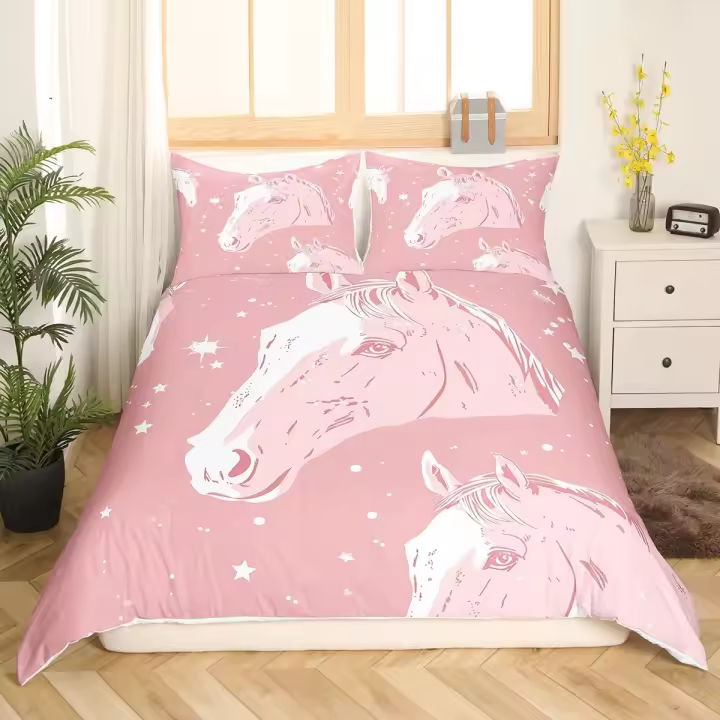 Funda de Edredón de Caballo de Dibujos Animados 3PCS Poliéster Decoración de Cama con Estrellas Doradas - 1