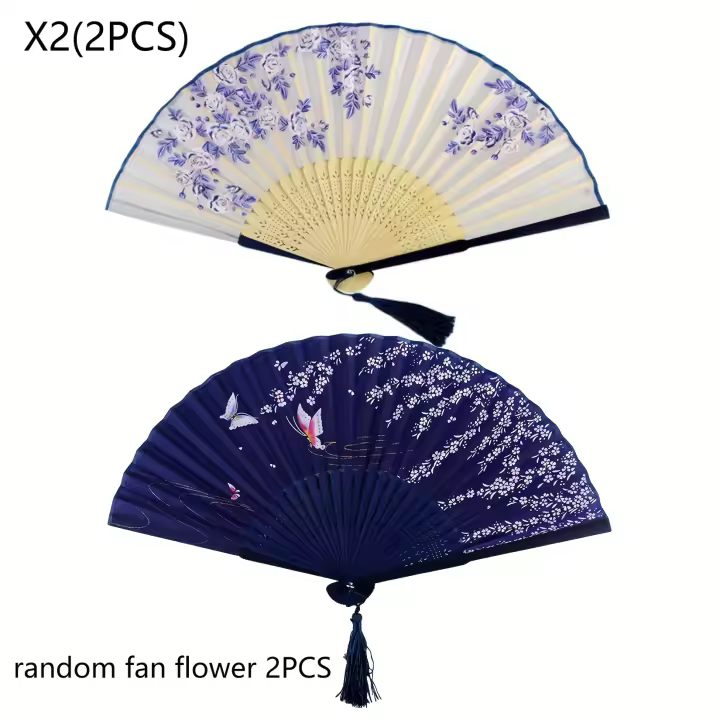 2 abanicos de mano plegables elegantes con marcos de bambú: diseños florales y de mariposas en azul, morado y amarillo, perfectos para baile, cosplay, bodas y accesorios de fiesta - 1