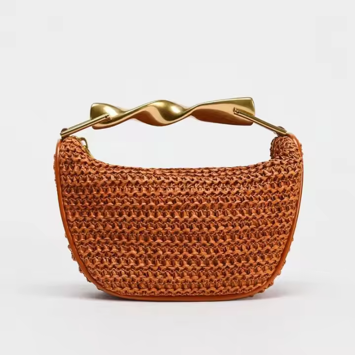 Asa de metal Mini bandolera con cremallera Bolso trenzado Correa de hombro ajustable trenzada de playa Mochila de lujo de alta gama - 1