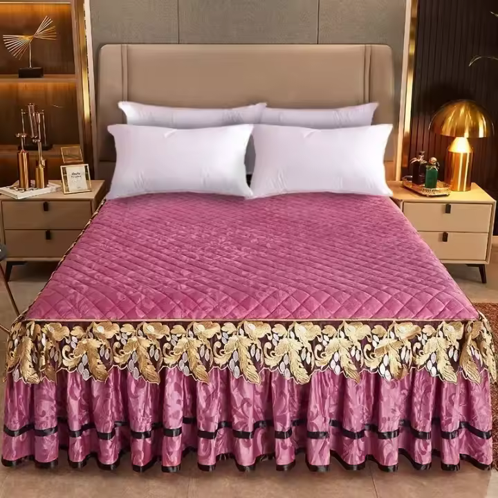 Colcha cálida de felpa dorada para invierno, fundas de almohada de lujo con juego de cama, falda de cama engrosada, algodón bordado - 1