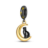 Cuentas colgantes de gato negro con luna estrellada misteriosa de Plata de Ley 925 compatibles con pulsera Original Pandora, cuentas de abalorios, regalo de joyería para mujer - details 0