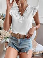 Camiseta elegante a la moda para mujer, camisa informal tejida con encaje plisado de retales de manga corta con cuello en V pequeño para mujer - details 0