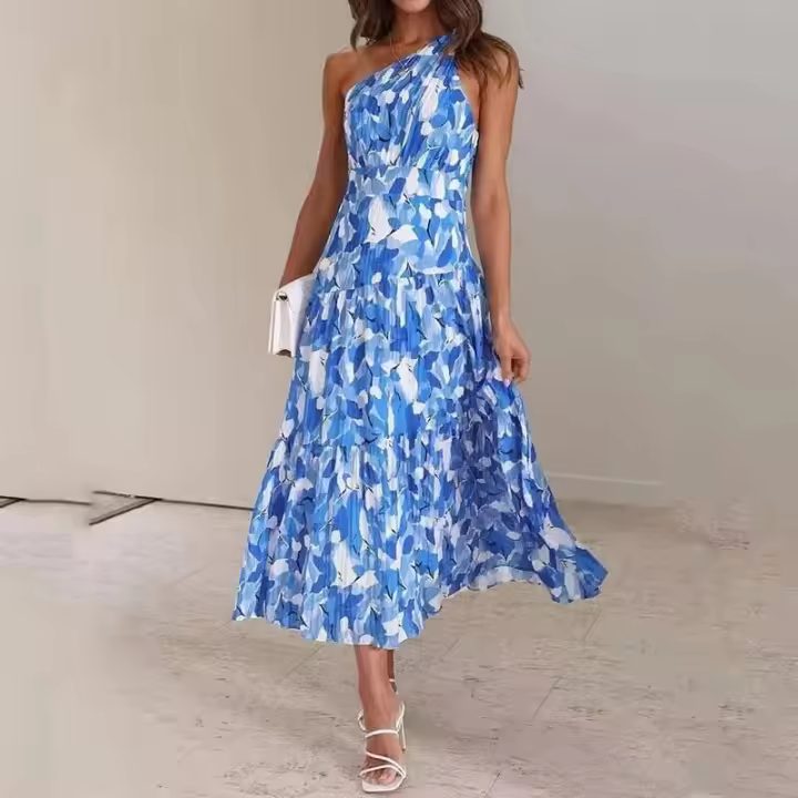 BUNO-Vestido sin mangas con hombros descubiertos y estampado de verano 2025 de manga corta de comercio exterior europeo y americano para mujer, vestido largo sin mangas de verano para mujer Verde Enterprise 2024 - 1