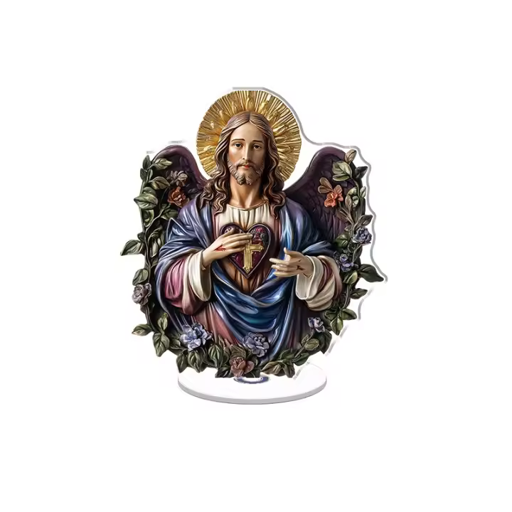 Adorno acrílico giratorio que presenta el Sagrado Corazón de Jesús en vidrieras translúcidas con colores ricos y detalles intrincados sobre un fondo blanco puro. - 1