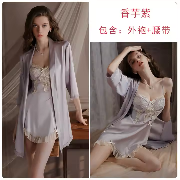 Elegante Vestido de Noche de Sátin de Encaje Bordado Dulce Temptación de Escote en V Profundo - 1