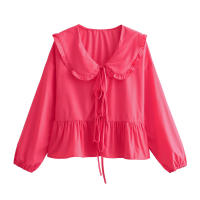 Camisa informal lisa con cordones para mujer, blusa de oficina que combina con todo, cuello redondo, dobladillo con volantes - details 6