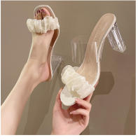 Nuevo estilo de hadas transparente tacón grueso cabeza cuadrada zapatillas frescas plisadas zapatillas de tacón alto de verano mujer - details 5