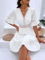 Vestido Blanco Puro de Verano Cintura de Encaje con Parche de Moda Cuello en V Manga Corta - details 18