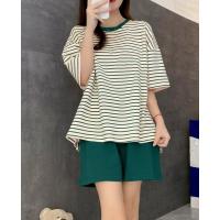 Conjunto De Pijamas Para Mujer Talla Grande Con Almohadilla Verano Estilo Coreano Moda Holgada Y Casual Verde Estampado Rayado Homewear - details 3