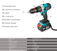 Ponbos-taladro eléctrico sin escobillas de 18V, Portabrocas de 13MM, inalámbrico, impacto, tablón de Metal, abridor de agujeros de acero de color - details 2